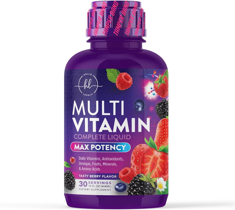 Hello Lovely! Multivitamin for Women & Men - Daily Liquid Vitamins with Biotin, Vitamin A, C, D3, E, B6, B12 & Zinc, Women's Beauty Multivitamins & Adult Immune Support, Berry Flavor - 15 Fl Oz