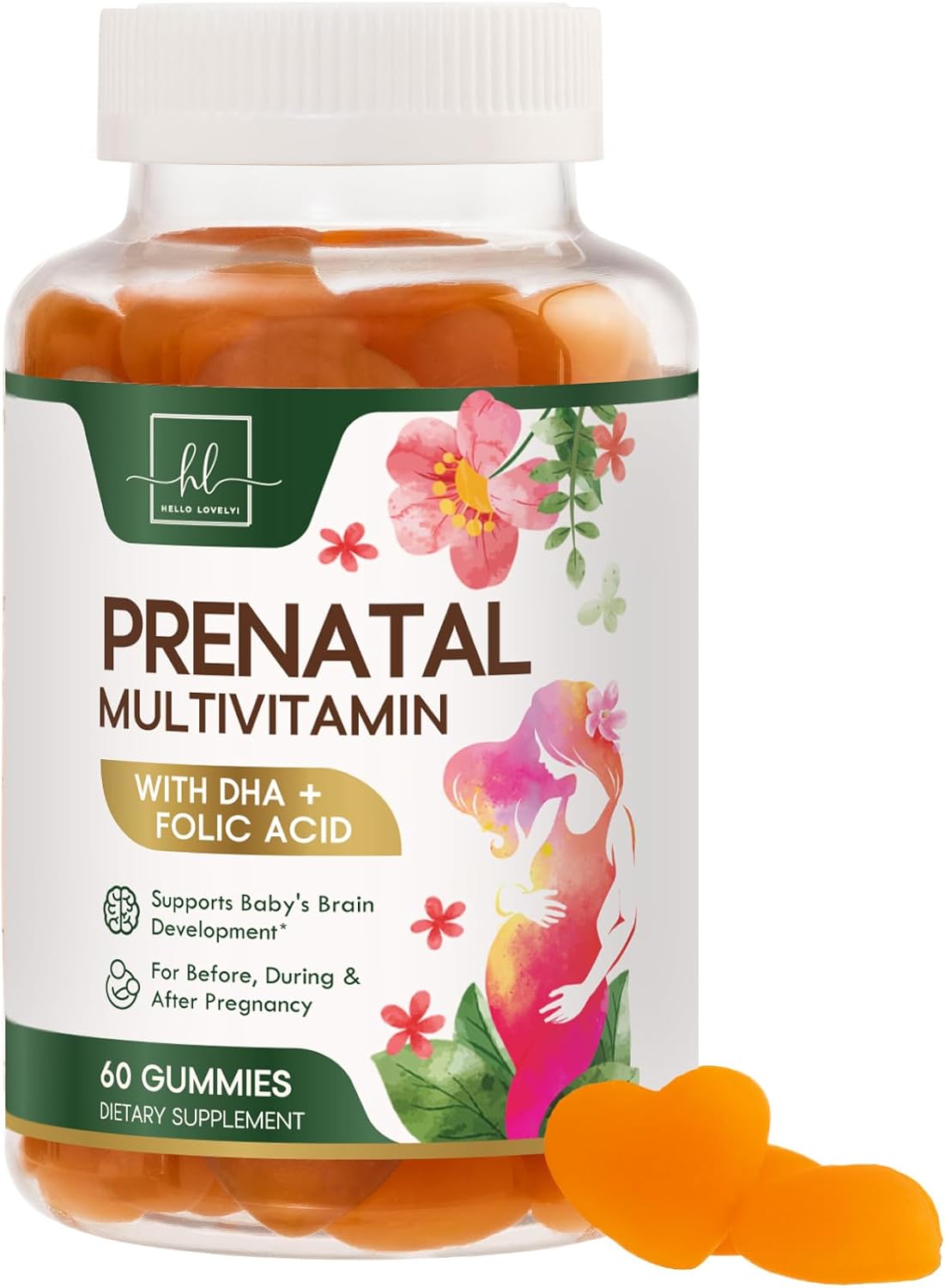 Prenatal Multivitamin Gummy w/ Folic Acid + DHA, Prenatal Vitamins with Omega 3, Vitamins B6, B12, C, D3 & Folate for Pregnancy Support, Prenatal Gummies for Women, Non-GMO Gluten Free - 60 Count
