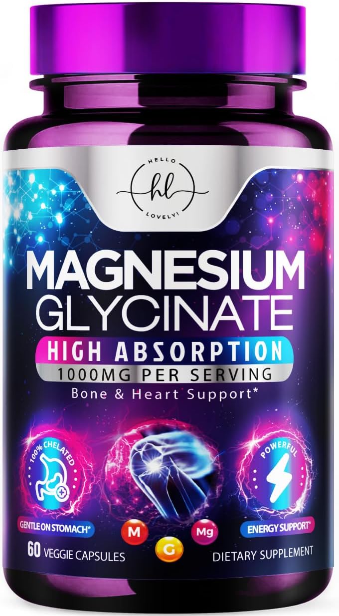 Magnesium Supplement for Women & Men - 140mg Total Magnesium from 1000mg Magnesium Glycinate to Support Muscle, Nerve, Bone & Heart Health - Natural, Vegan, High Absorption & Chelated - 60 Count