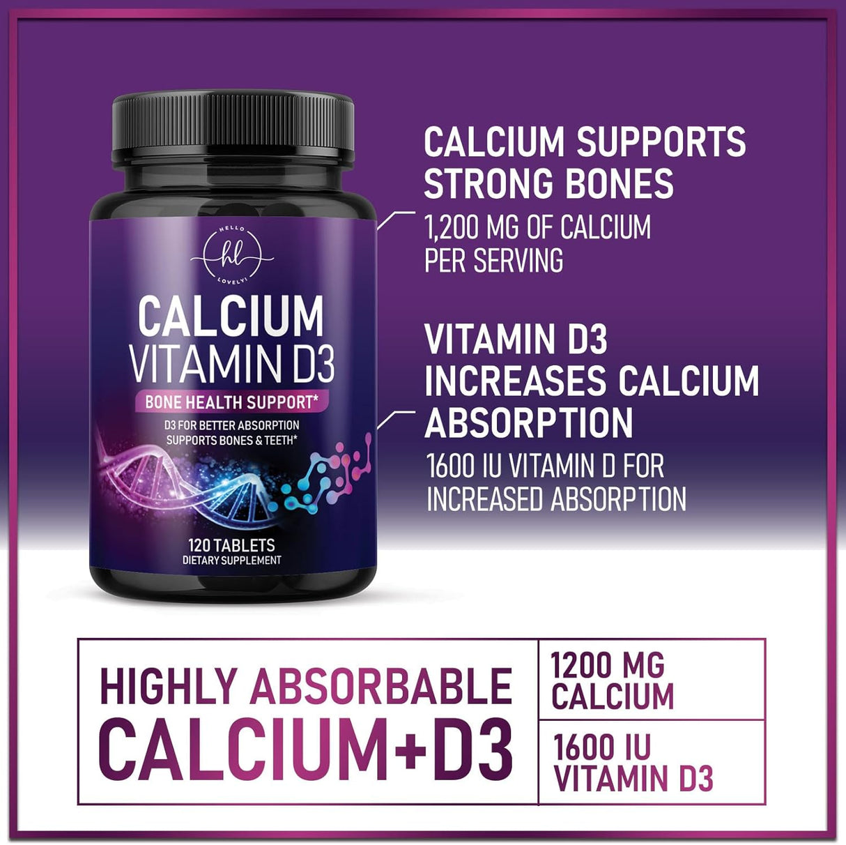 Calcium Supplements for Women 1200 mg Plus 1600 IU Vitamin D3, Bone Health, Teeth & Immune Support - Mineral Supplement with Vitamin D High Absorbable Premium 600 mg Calcium Carbonate - 120 Count