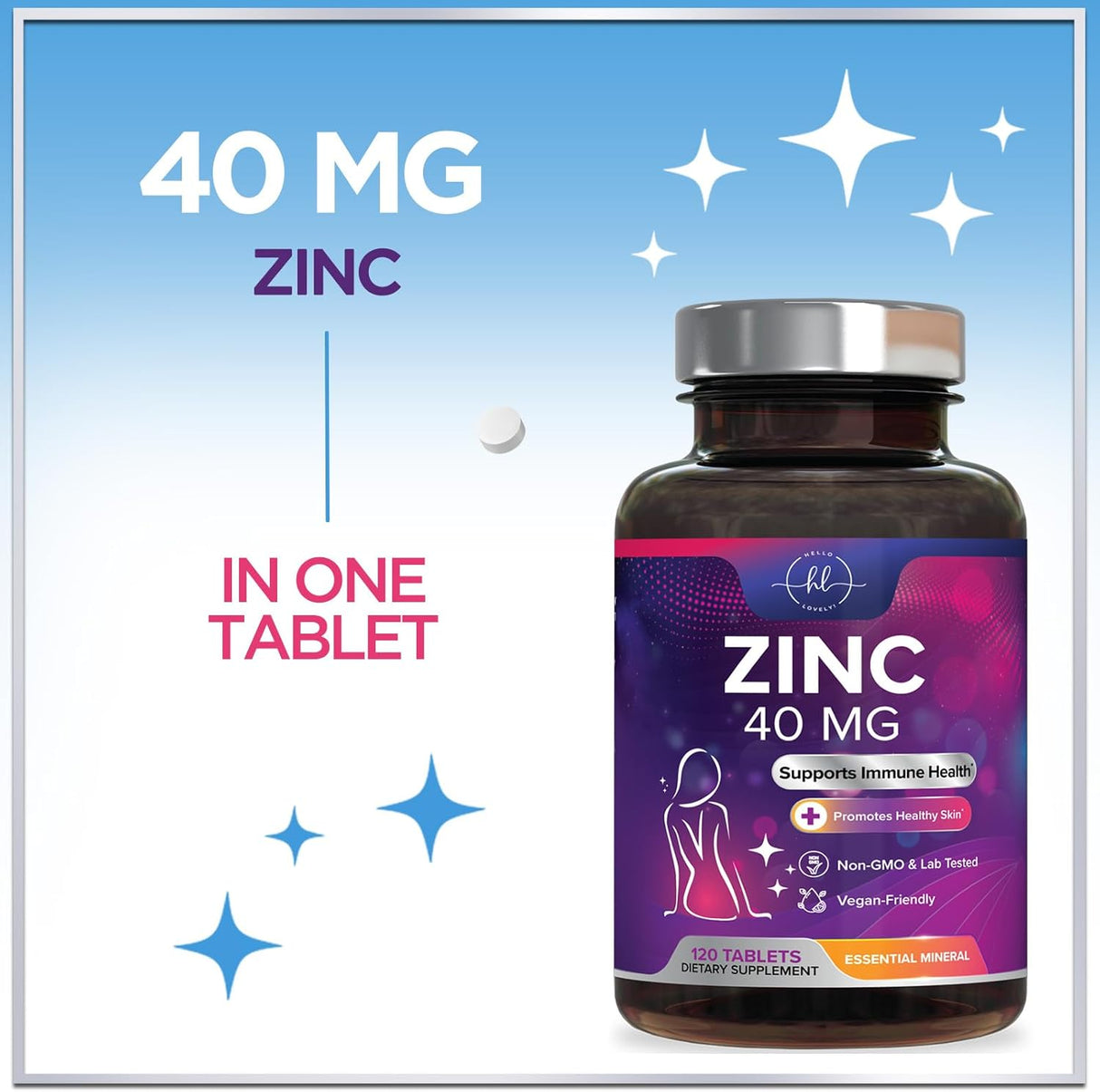 Zinc Supplements for Women and Men - 40mg Supplement for Immune Support, Skin Health Support, & Antioxidant Supplement for Adults, High Potency Zinc Gluconate 40 mg, Non-GMO - 120 Count