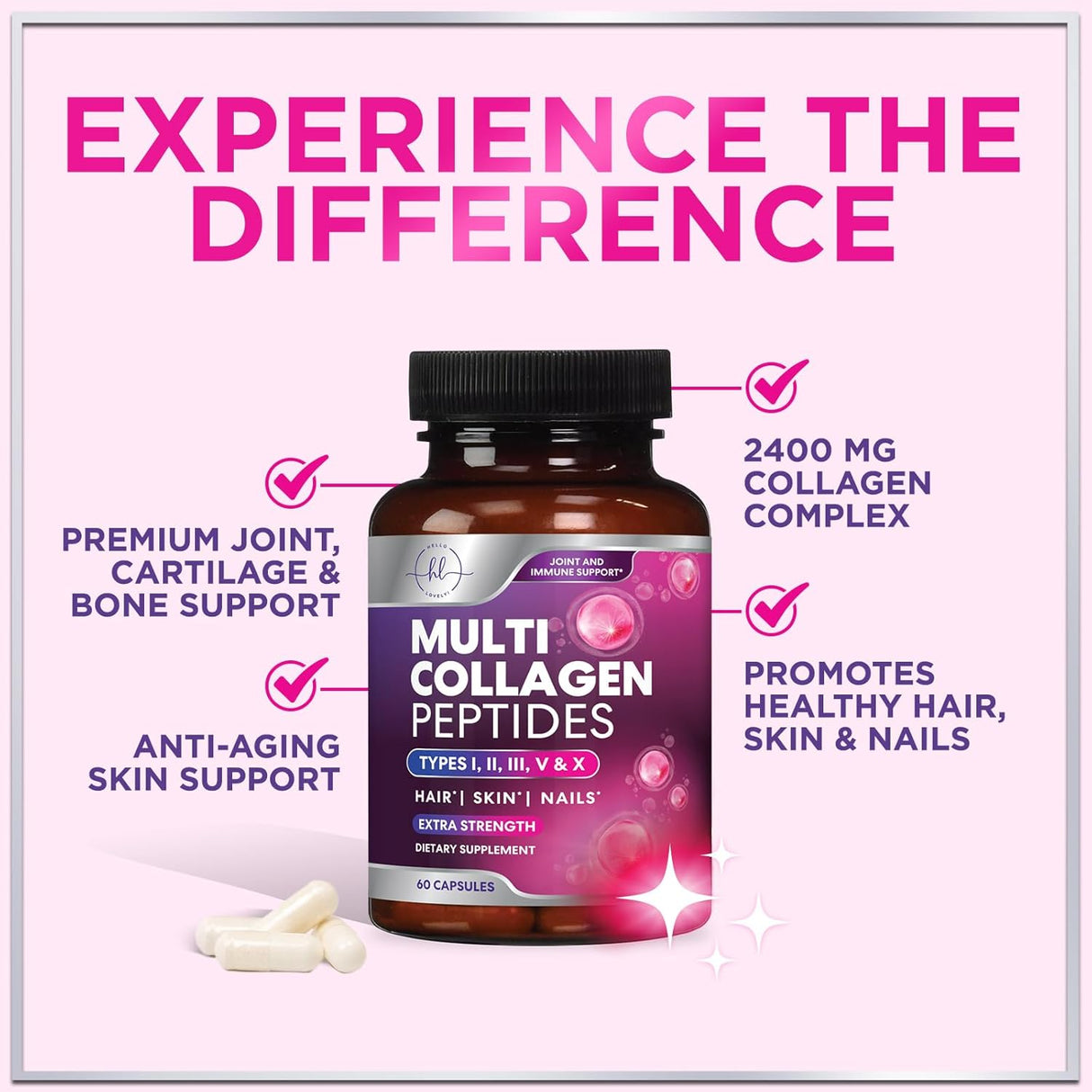 Multi Collagen Peptides - Extra Strength Collagen Supplement, Supports Healthy Skin, Hair, Nails & Joints, Hydrolyzed Collagen Complex Type I, II, III, V & X - Grass Fed, Non GMO - 60 Count