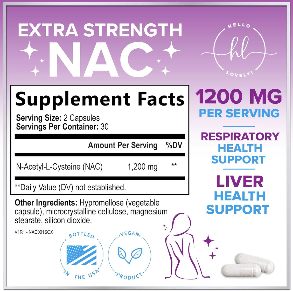 Hello Lovely! NAC Supplement 1200 mg - Liver, Lung Health & Immune Support, N-Aceyl Cysteine NAC Antioxidant & Free Radical Support, Non-GMO & Gluten Free N-Acetylcysteine Supplement - 60 Count