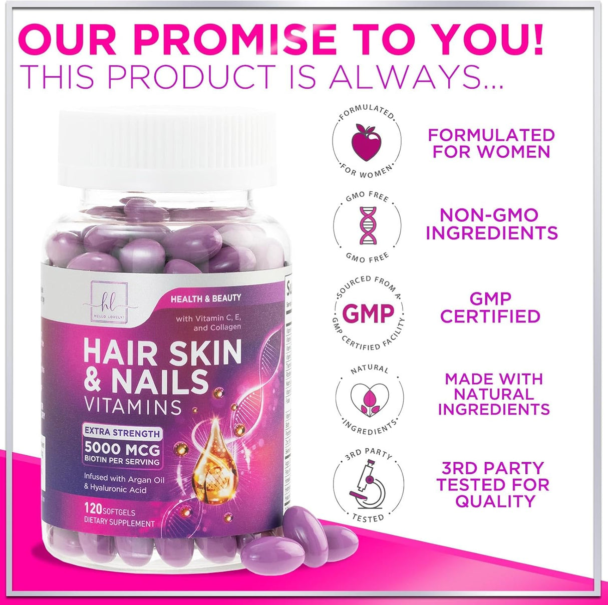 Hair, Skin & Nails Vitamin with Biotin 5000mcg - Hair Vitamins for Women, Keratin & Hair Health, Infused with Argan Oil, Collagen & Hyaluronic Acid, Supports Hair Growth Supplement - 120 Count