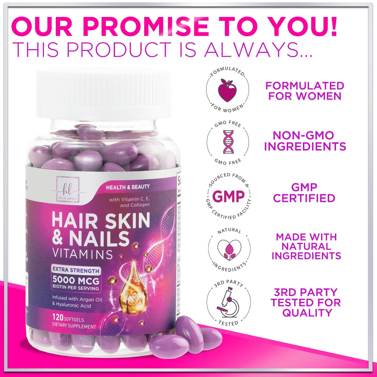 Hair, Skin + Nails with Biotin, Keratin + Collagen – 120 Count