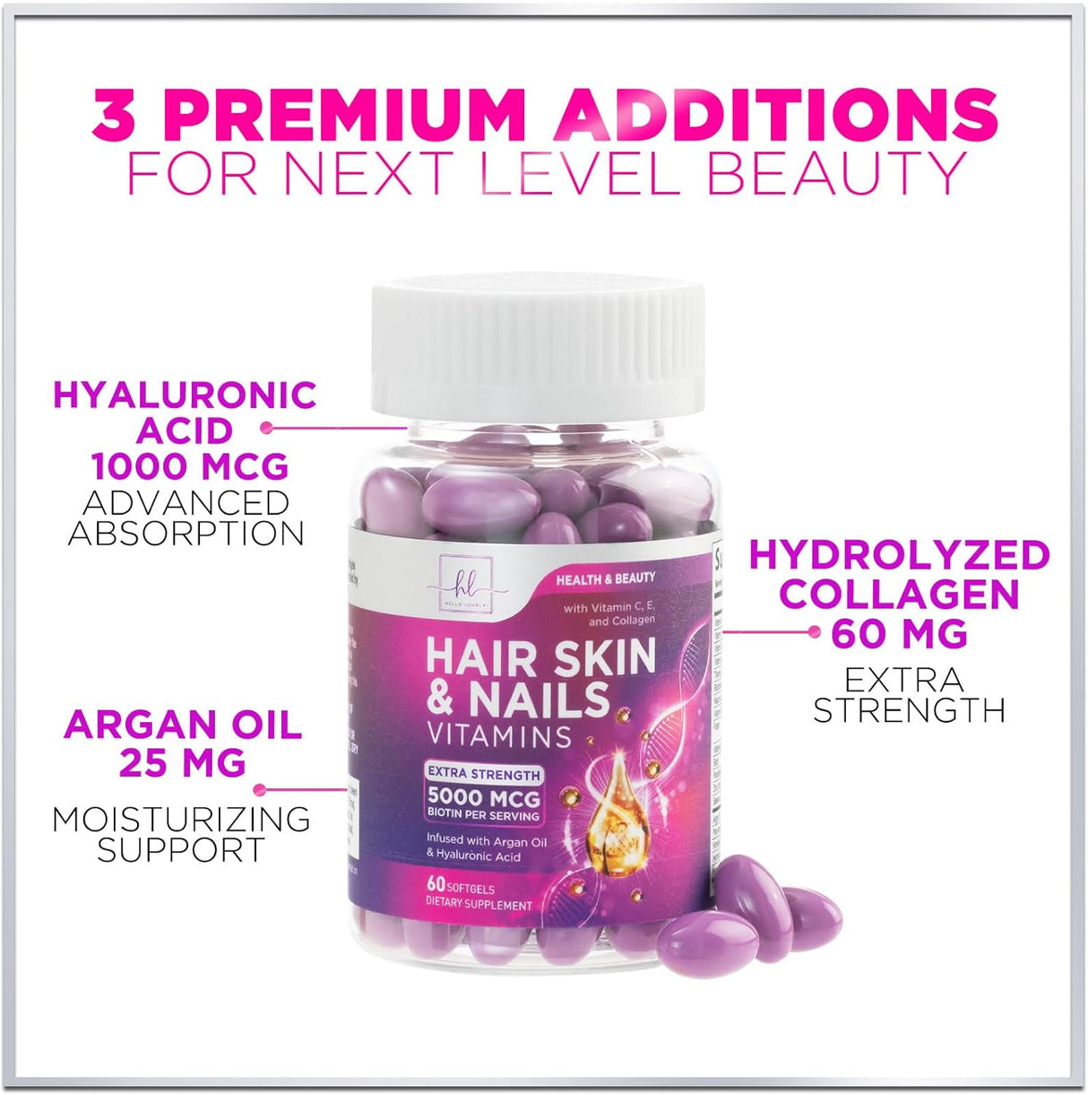 Hair, Skin & Nails Vitamin with Biotin 5000mcg - Hair Vitamins for Women, Keratin & Hair Health, Infused with Argan Oil, Collagen & Hyaluronic Acid, Supports Hair Growth Supplement - 60 Count