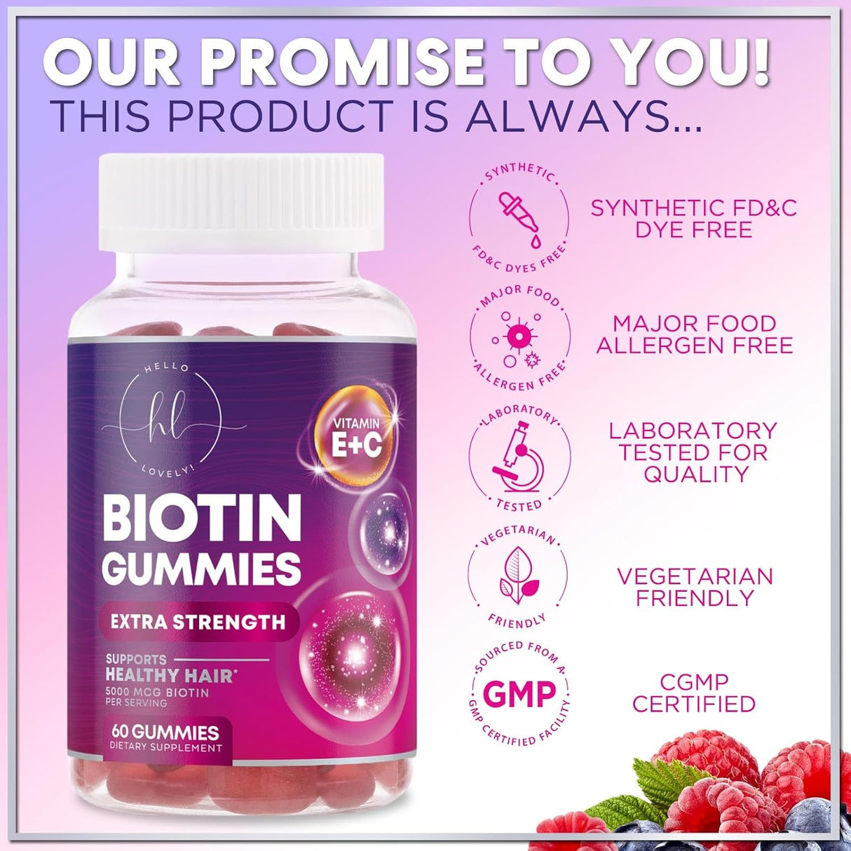 Hair Growth Vitamins Biotin 5000 mcg Supports Women's Thicker Hair, Premium Vegetarian, Non-GMO, Stronger Beautiful Skin & Nails, Lovely Hair Vitamin Supplement - 60 Count