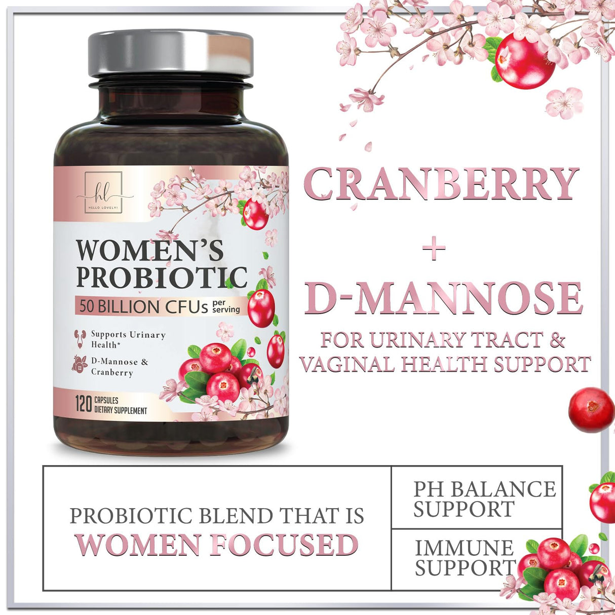 Probiotics for Women with Prebiotics - Womens Probiotic for Digestive, Vaginal, Urinary & Immune Health Support, 90 Billion CFU & 16 Diverse Strains, Cranberry & D-Mannose, Non-GMO - 120 Count