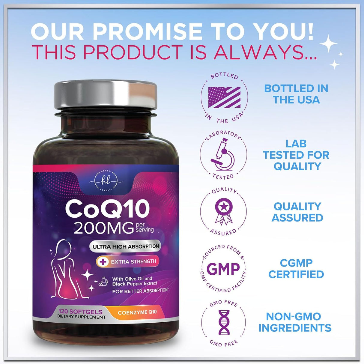 CoQ10 200mg Softgels - Ultra High Absorption, Antioxidant for Heart Health & Energy Production Support - Coenzyme Q10 Co Q 10 Vitamins and Supplements 100mg Each - Non GMO & Gluten Free - 60 Count