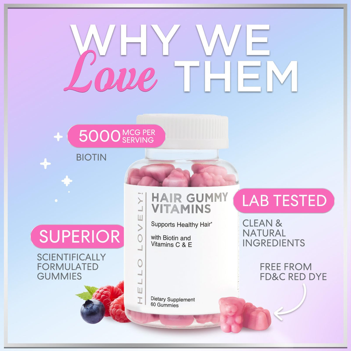 Hair Vitamins Gummies with Biotin, Vitamins C + E – 60 Count