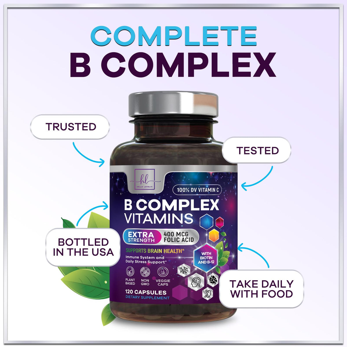 B-Complex with Vitamin C + Folic Acid – 120 Capsules