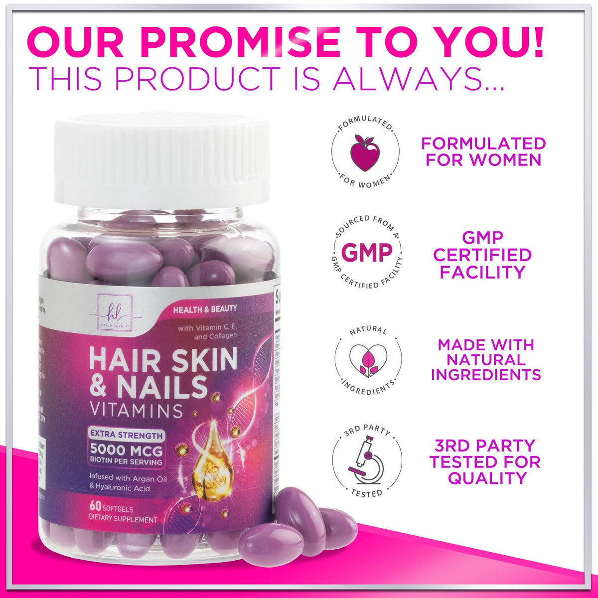 Hair, Skin + Nails with Biotin, Keratin + Collagen – 60 Count