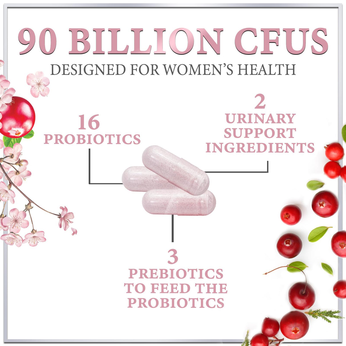 Probiotics for Women Supplement with Cranberry - 16 Premium Strains for PH Balance, Digestive Health, Vaginal & Immune Support, 90 Billion CFU, Women's Probiotic, UT, & Feminine Health - 60 Capsules