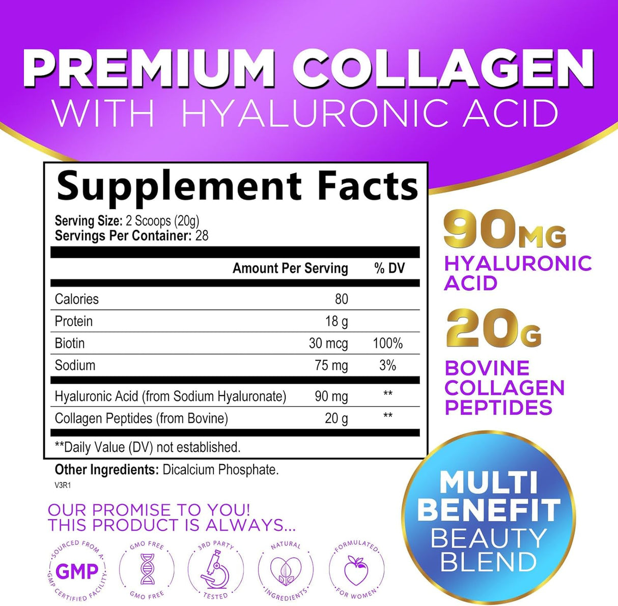 Hydrolyzed Collagen Peptides Powder 20g With Hyaluronic Acid & Biotin - Unflavored Grass Fed Collagen Powder with Type I & III Collagen Supplements - Hair, Nail, Skin & Joint Support