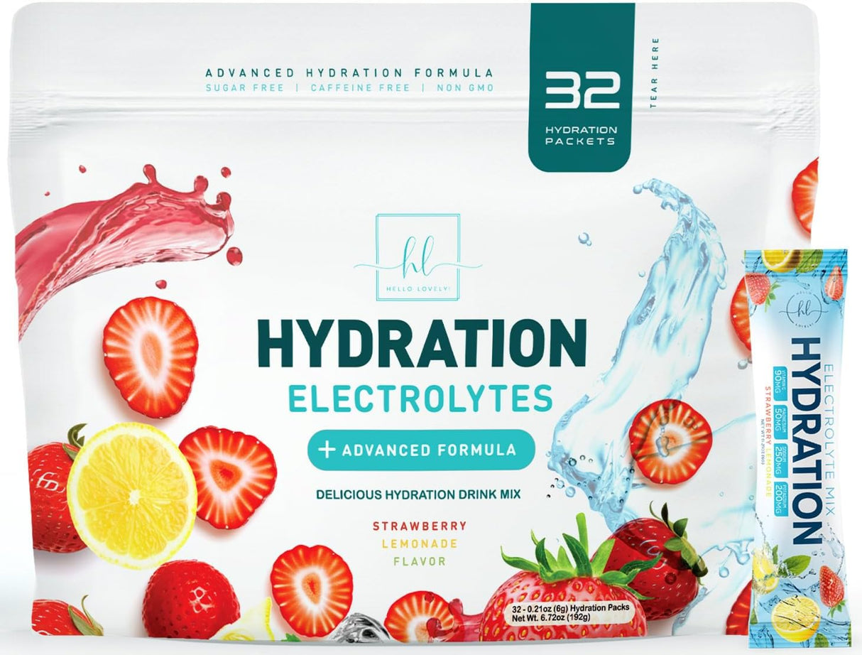 Hydration Electrolytes Powder Packets - Keto & Sugar Free, Liquid Replenisher & Recovery Drink w Real Salt - Feel Revitalized, Non-GMO, Vegan Electrolyte Drink Mix, Strawberry Lemonade - 32 Count