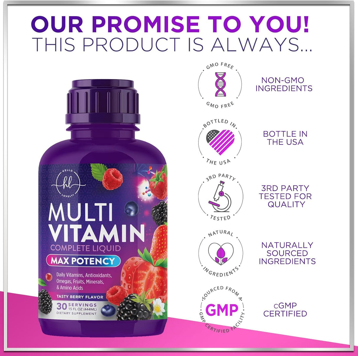 Hello Lovely! Multivitamin for Women & Men - Daily Liquid Vitamins with Biotin, Vitamin A, C, D3, E, B6, B12 & Zinc, Women's Beauty Multivitamins & Adult Immune Support, Berry Flavor - 15 Fl Oz