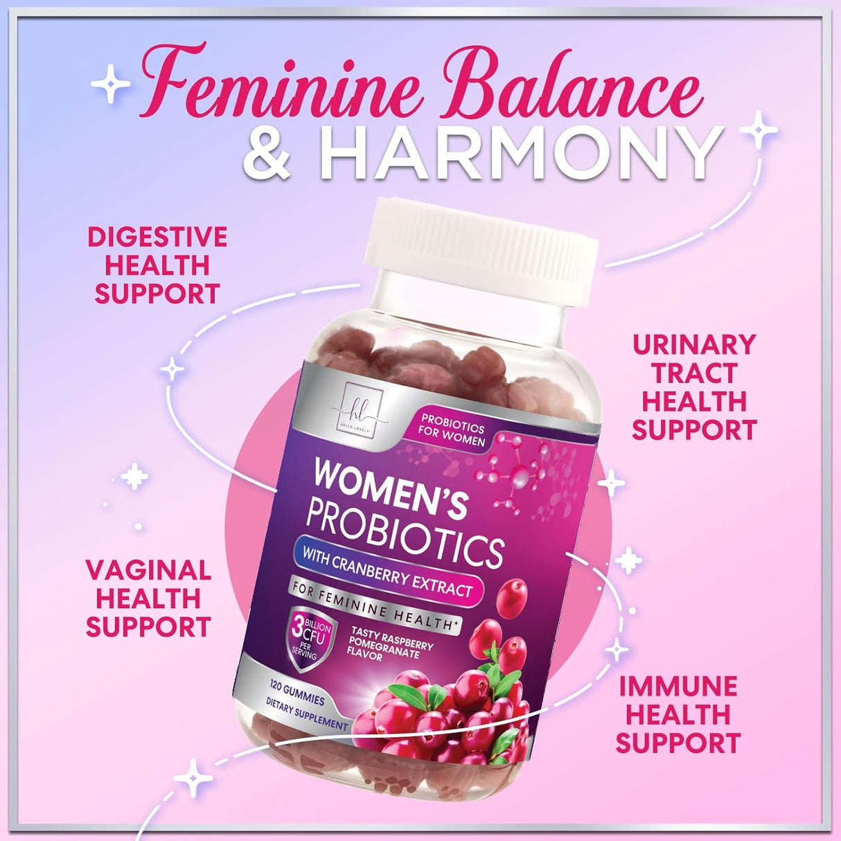 Womens Probiotic CFU Guaranteed with Cranberry, Vegan Strains, Probiotics for Women Supports Digestive, Immune, & Vaginal Health, Lovely Shelf Stable Gummy Supplement, No Soy Gluten - 120 Count