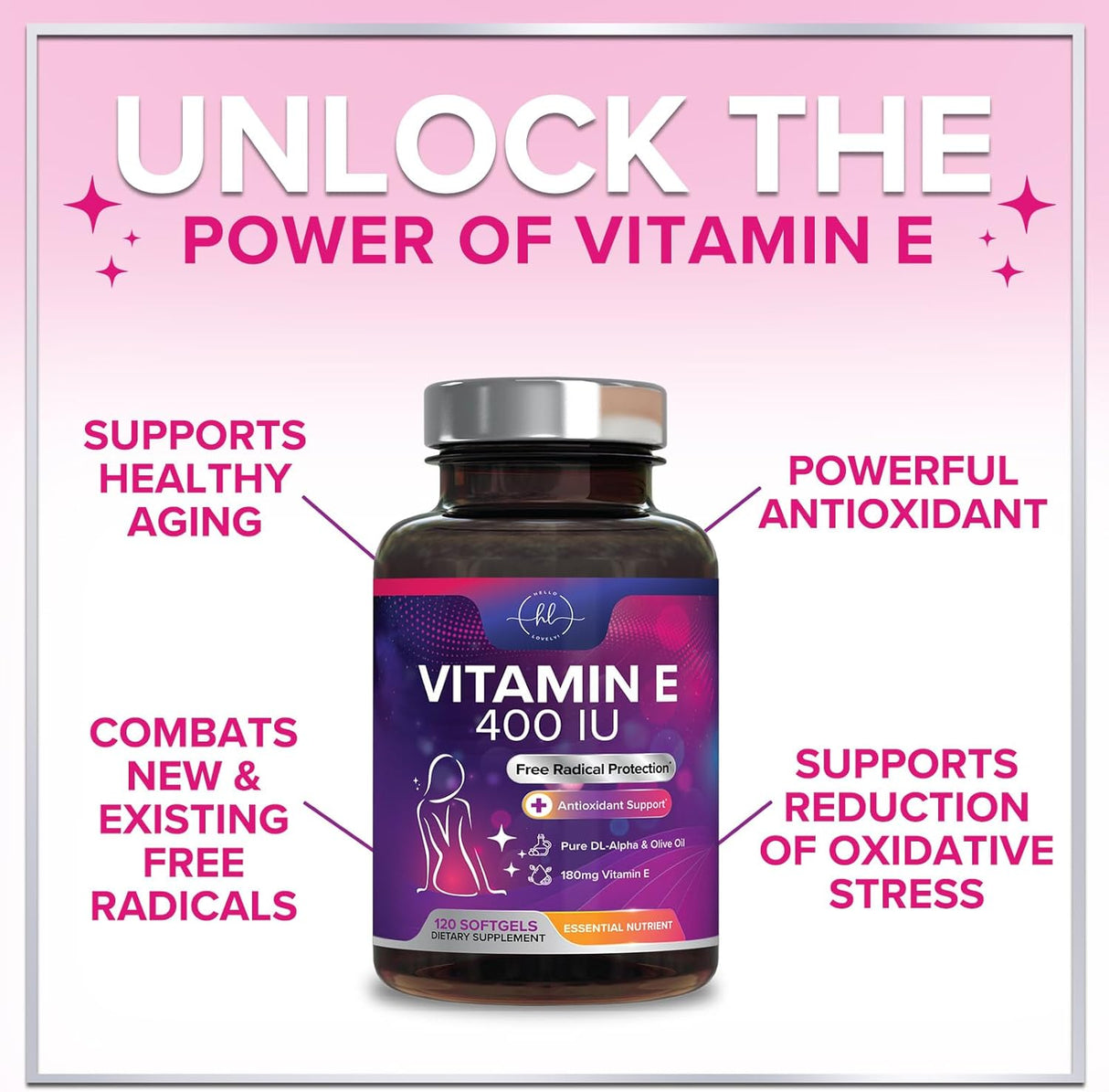 E Vitamin for Women and Men - 180 mg (400 IU) dl-Alpha - Powerful Antioxidant Dietary Supplement - Hair, Skin, & Immune Health Support - Easily Absorbed Form, Non-GMO & Gluten Free - 120 Count