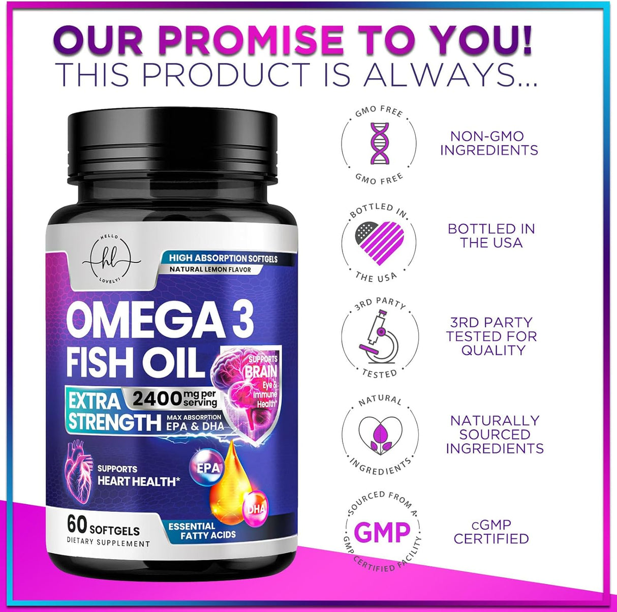 Omega 3 Fish Oil Triple Strength 2400 mg Rapid Release Softgels, Omega-3 Supplements, Natural Brain Heart Joint Health & Immune Support - Fatty Acids with EPA & DHA - Fish Oil Supplement - 60 Count