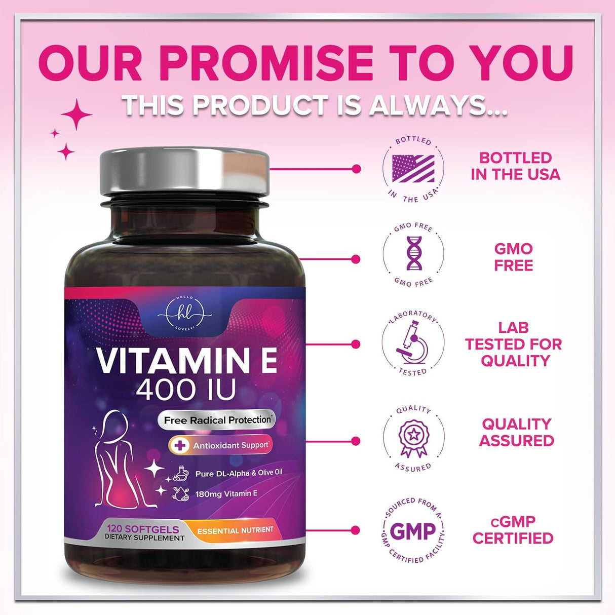 E Vitamin for Women and Men - 180 mg (400 IU) dl-Alpha - Powerful Antioxidant Dietary Supplement - Hair, Skin, & Immune Health Support - Easily Absorbed Form, Non-GMO & Gluten Free - 120 Count