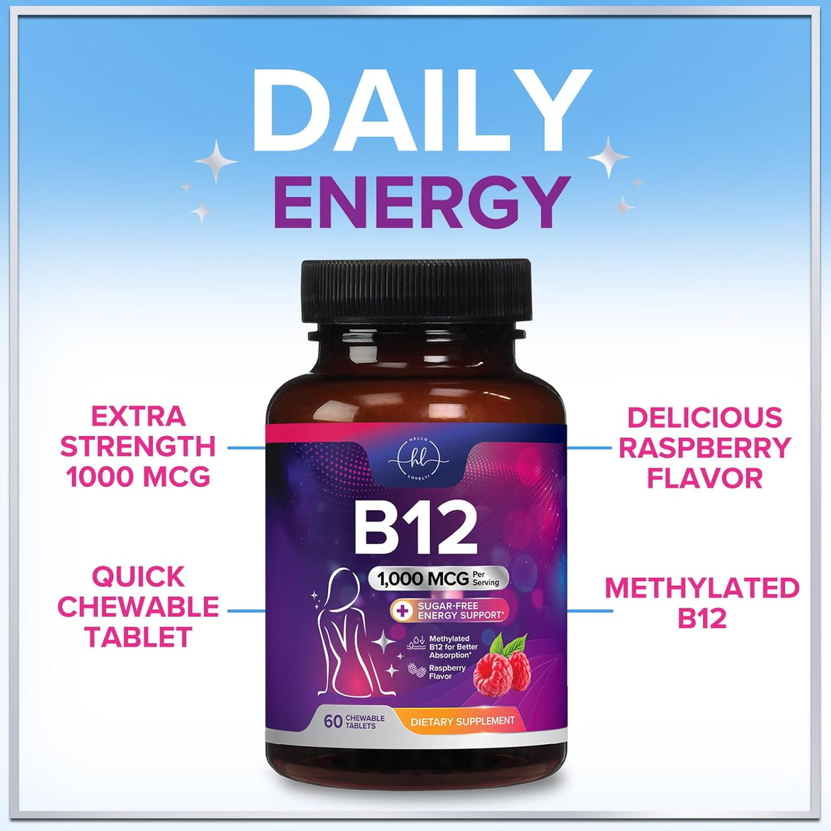 B 12 Vitamin Chewables 1000 mcg - B12 Complex with Heart & Nerve Energy Health Support - Vitamin B-12 Complex for Adults with Immune Health Support - Gluten & Dairy Free - 60 Count
