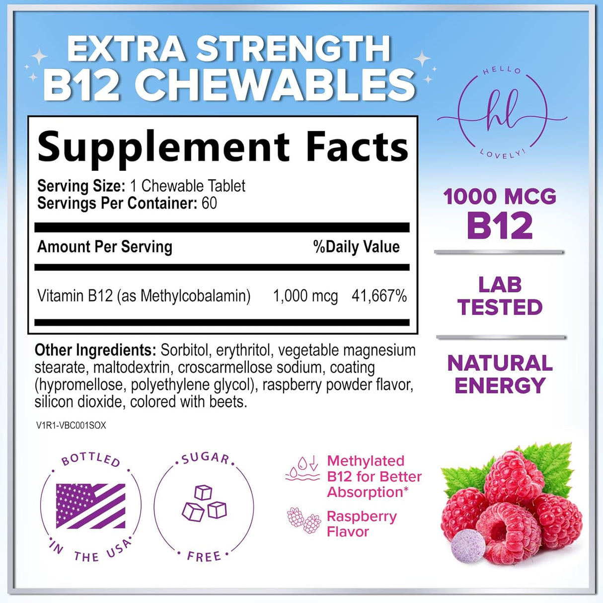 B 12 Vitamin Chewables 1000 mcg - B12 Complex with Heart & Nerve Energy Health Support - Vitamin B-12 Complex for Adults with Immune Health Support - Gluten & Dairy Free - 60 Count