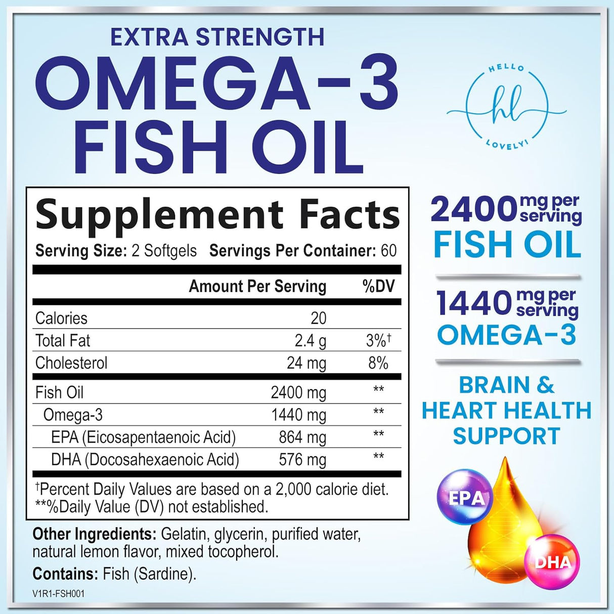 Omega 3 Fish Oil Triple Strength 2400 mg Rapid Release Softgels, Omega-3 Supplements, Natural Brain Heart Joint Health & Immune Support - Fatty Acids with EPA & DHA - Fish Oil Supplement - 120 Count