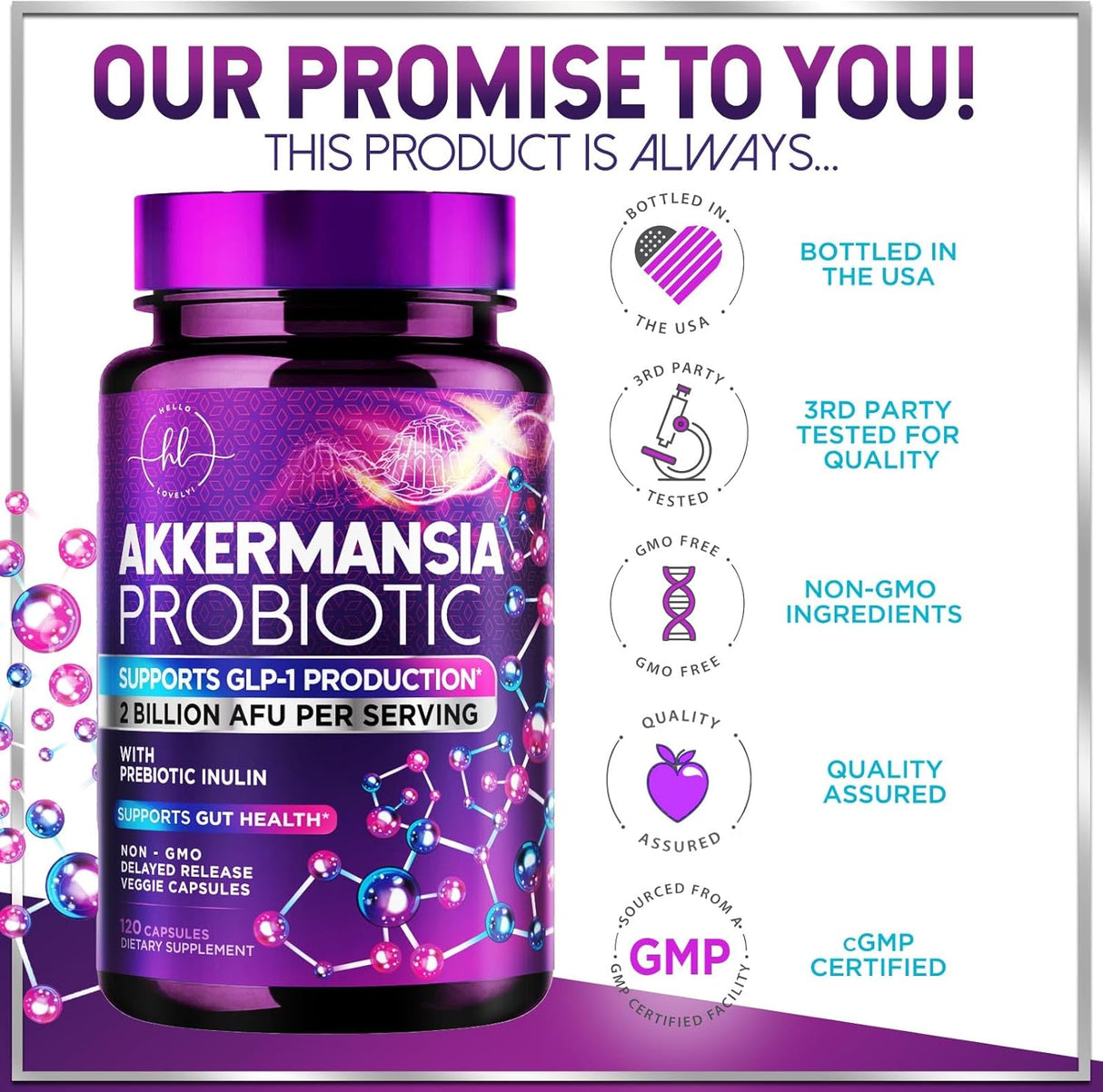 Akkermansia Probiotic Supplement with Prebiotic Inulin Fiber - 2 Billion AFU to Support GLP-1 Production, Digestive Health, Immune Support - Akkermansia Muciniphila Good Gut Health - 120 Count