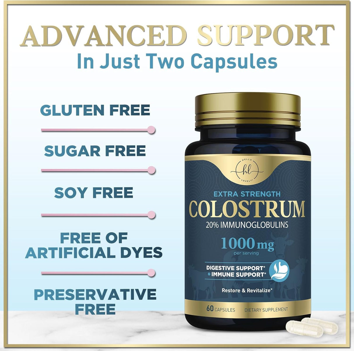 Colostrum for Women 1000mg 20% Immunoglobulins - Gut Health, Immune Support, Muscle, Skin & Hair Growth, Bottled in USA, Bovine Colostrum Powder, Colostrum Supplement for Women & Men - 60 Count