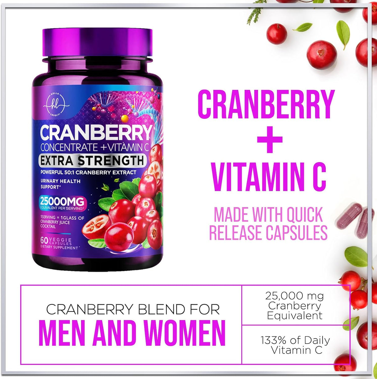 Cranberry Extract Pills + Vitamin C (25,000mg Formula) Urinary Tract Support, Sugar Free Cranberry Supplement for Women & Men, Cranberry for Urinary Health Support, NON-GMO, Gluten Free - 60 Count
