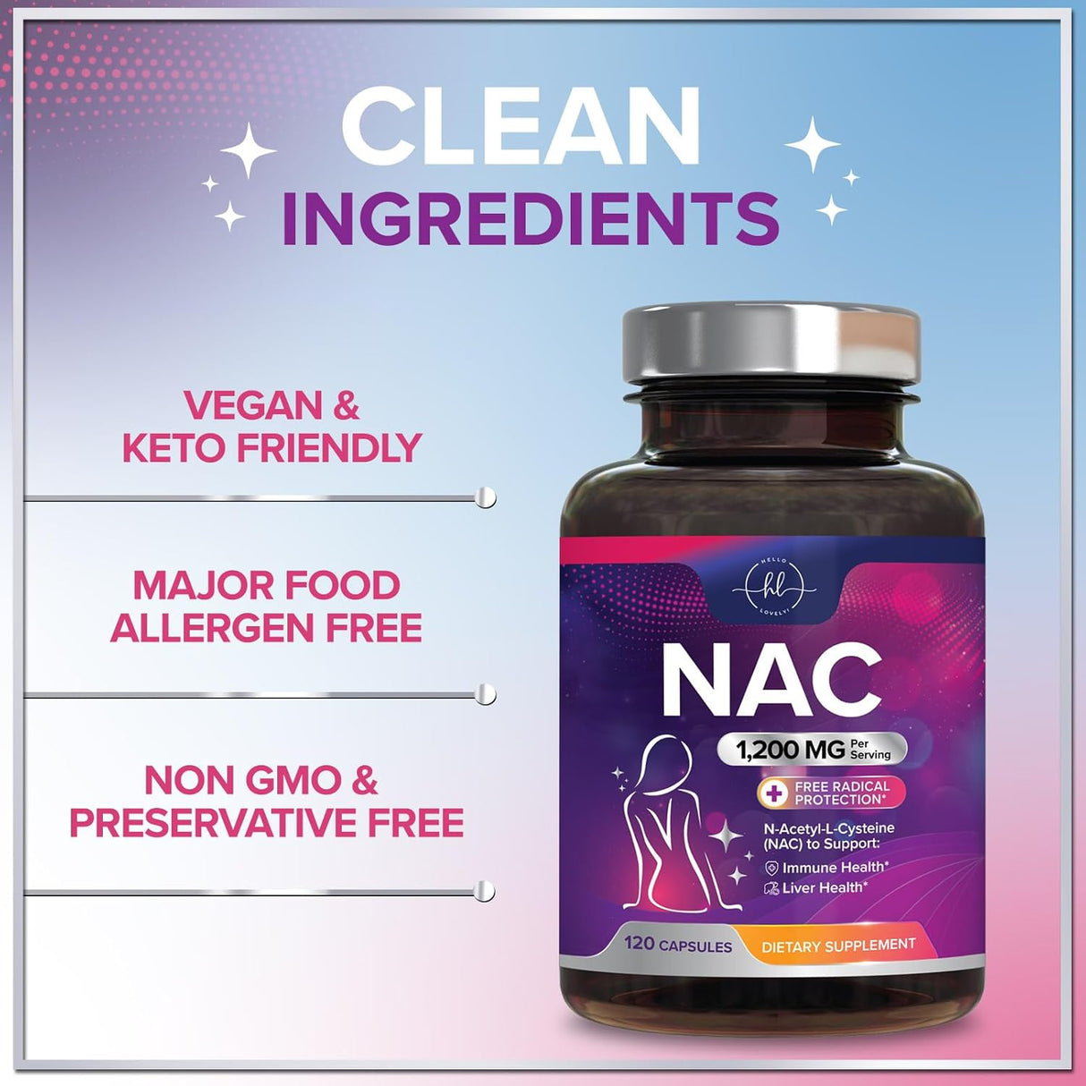 Hello Lovely! NAC Supplement 1200 mg - Liver, Lung Health & Immune Support, N-Aceyl Cysteine NAC Antioxidant & Free Radical Support, Non-GMO & Gluten Free N-Acetylcysteine Supplement - 120 Count