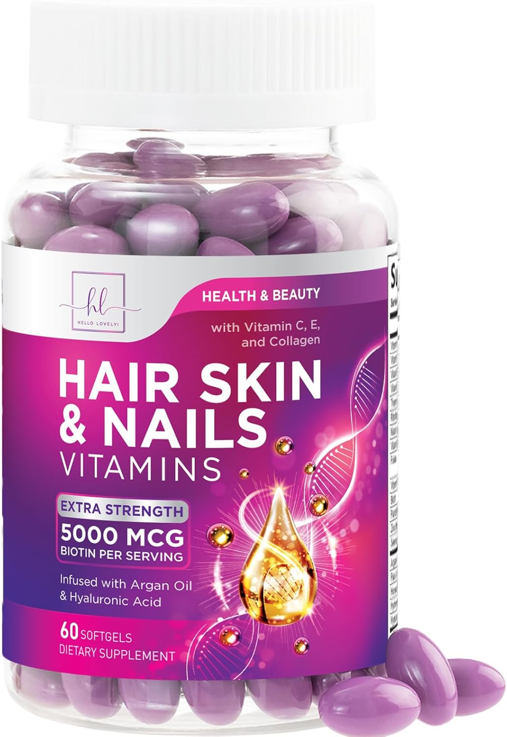 Hair, Skin & Nails Vitamin with Biotin 5000mcg - Hair Vitamins for Women, Keratin & Hair Health, Infused with Argan Oil, Collagen & Hyaluronic Acid, Supports Hair Growth Supplement - 60 Count