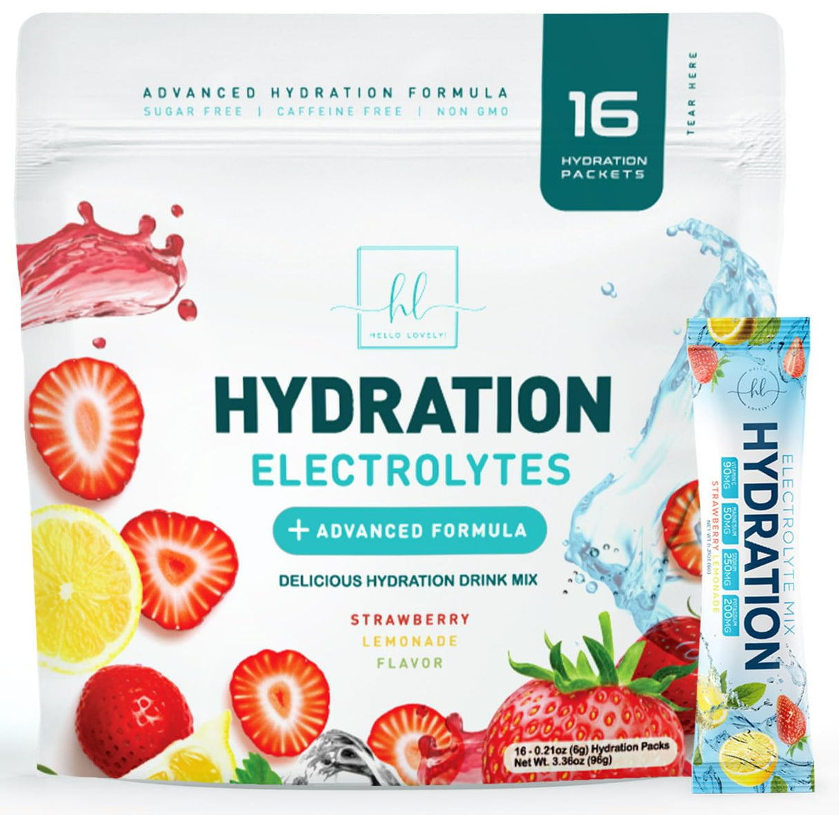 Hydration Electrolytes Powder Packets - Keto & Sugar Free, Liquid Replenisher & Recovery Drink w Real Salt - Feel Revitalized, Non-GMO, Vegan Electrolyte Drink Mix, Strawberry Lemonade - 16 Count