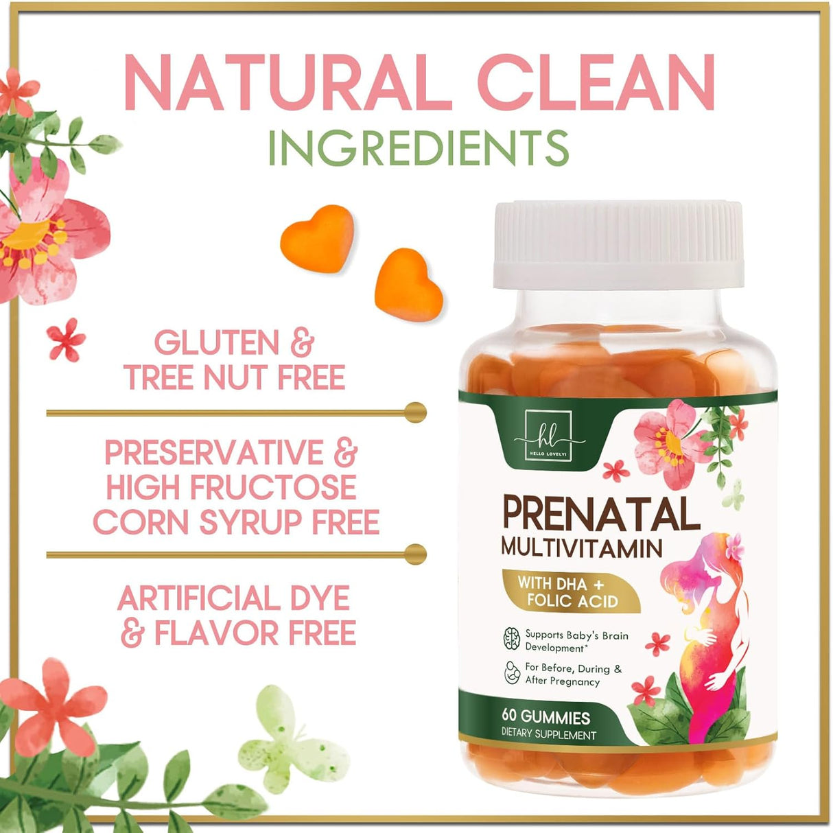 Prenatal Multivitamin Gummy w/ Folic Acid + DHA, Prenatal Vitamins with Omega 3, Vitamins B6, B12, C, D3 & Folate for Pregnancy Support, Prenatal Gummies for Women, Non-GMO Gluten Free - 60 Count