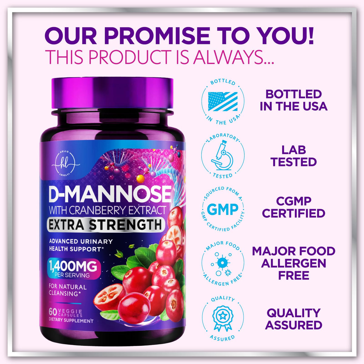 D-Mannose 1300mg with Cranberry - Urinary Tract Support - 60 Capsules