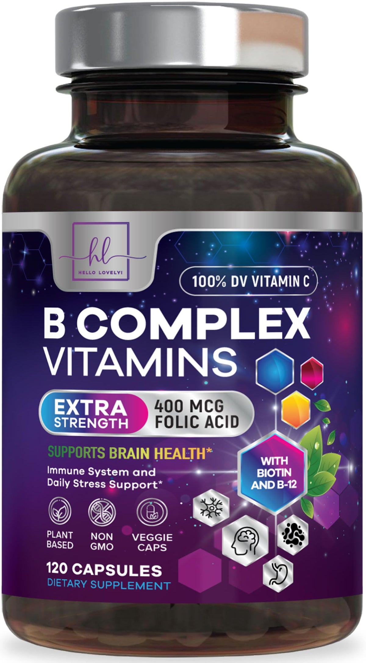 B-Complex with Vitamin C + Folic Acid – 120 Capsules