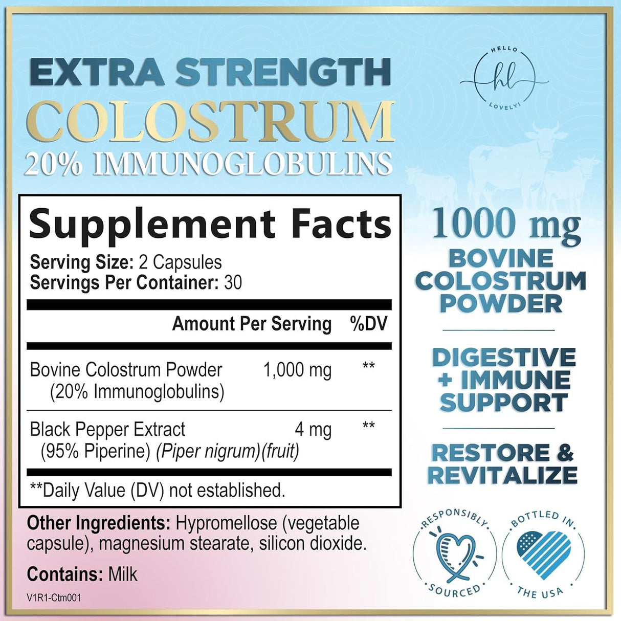 Colostrum for Women 1000mg 20% Immunoglobulins - Gut Health, Immune Support, Muscle, Skin & Hair Growth, Bottled in USA, Bovine Colostrum Powder, Colostrum Supplement for Women & Men - 60 Count