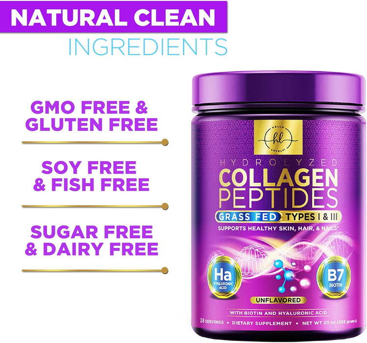 Hydrolyzed Collagen Peptides Powder 20g With Hyaluronic Acid & Biotin - Unflavored Grass Fed Collagen Powder with Type I & III Collagen Supplements - Hair, Nail, Skin & Joint Support