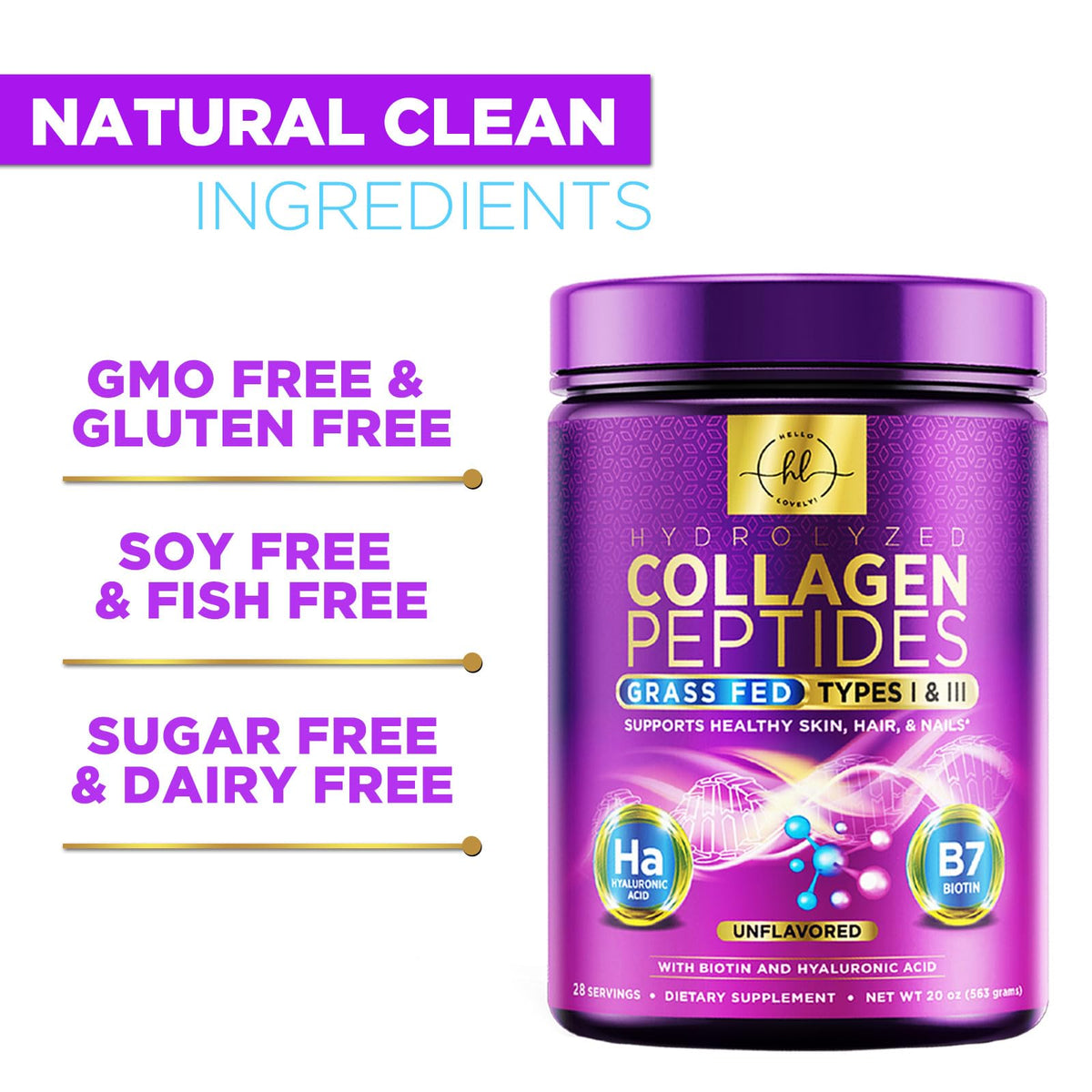 Collagen Peptides Powder with Hyaluronic Acid + Biotin, Unflavored