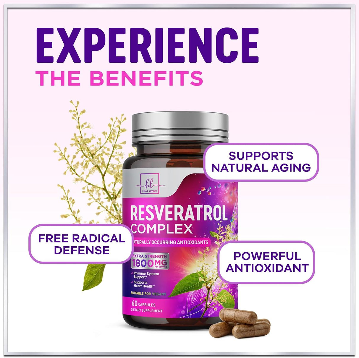 Resveratrol Supplement 1800mg - Extra Strength Antioxidant Complex for Healthy Aging & Immune Support, Heart Health & Cellular Energy Support, Bioavailable Trans-Resveratrol - 60 Vegan Capsules