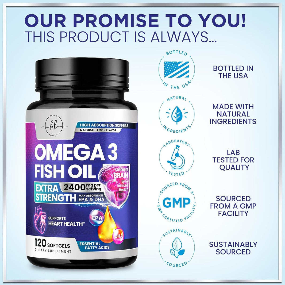 Omega 3 Fish Oil Triple Strength 2400 mg Rapid Release Softgels, Omega-3 Supplements, Natural Brain Heart Joint Health & Immune Support - Fatty Acids with EPA & DHA - Fish Oil Supplement - 120 Count