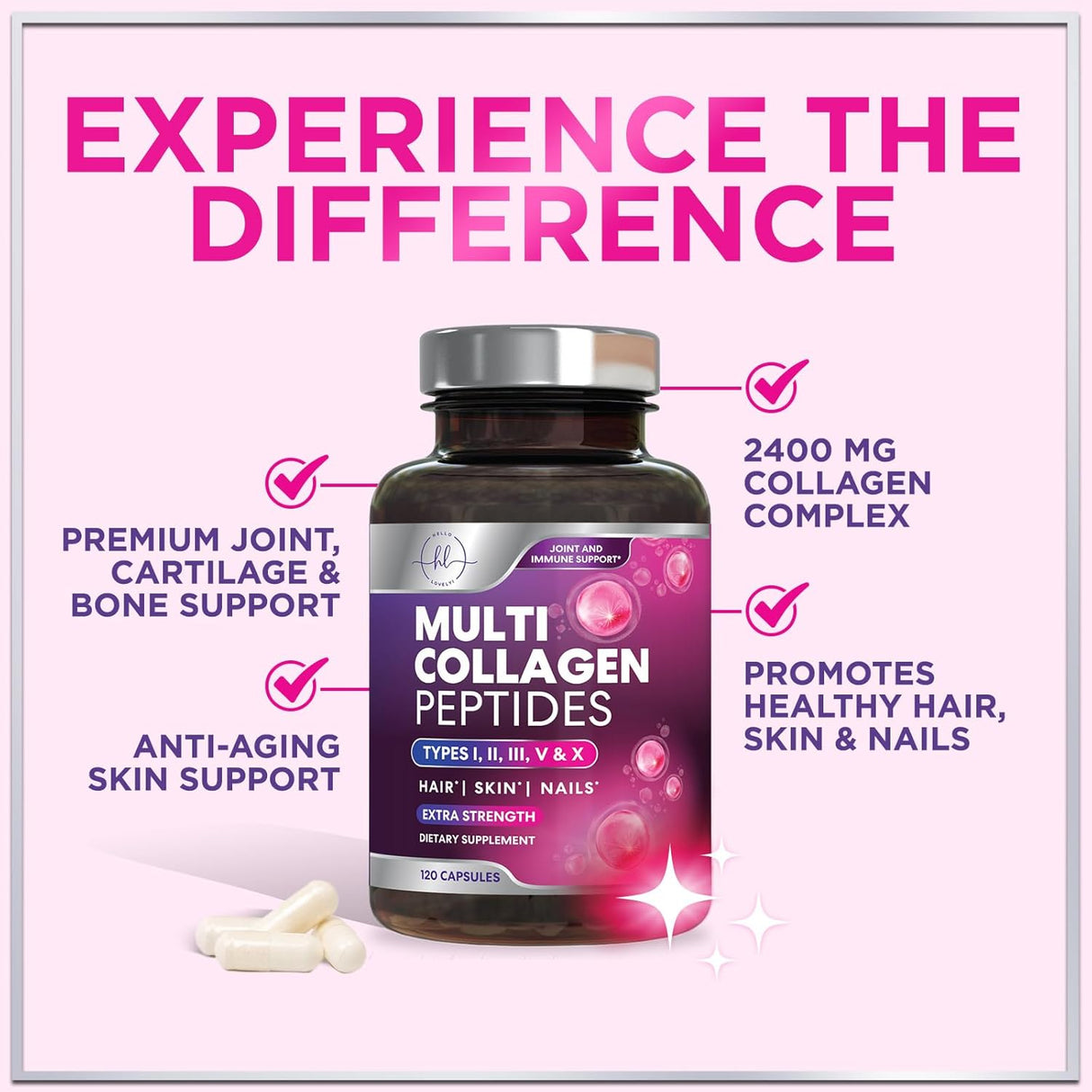 Multi Collagen Peptides - Extra Strength Collagen Supplement, Supports Healthy Skin, Hair, Nails & Joints, Hydrolyzed Collagen Complex Type I, II, III, V & X - Grass Fed, Non GMO - 120 Count