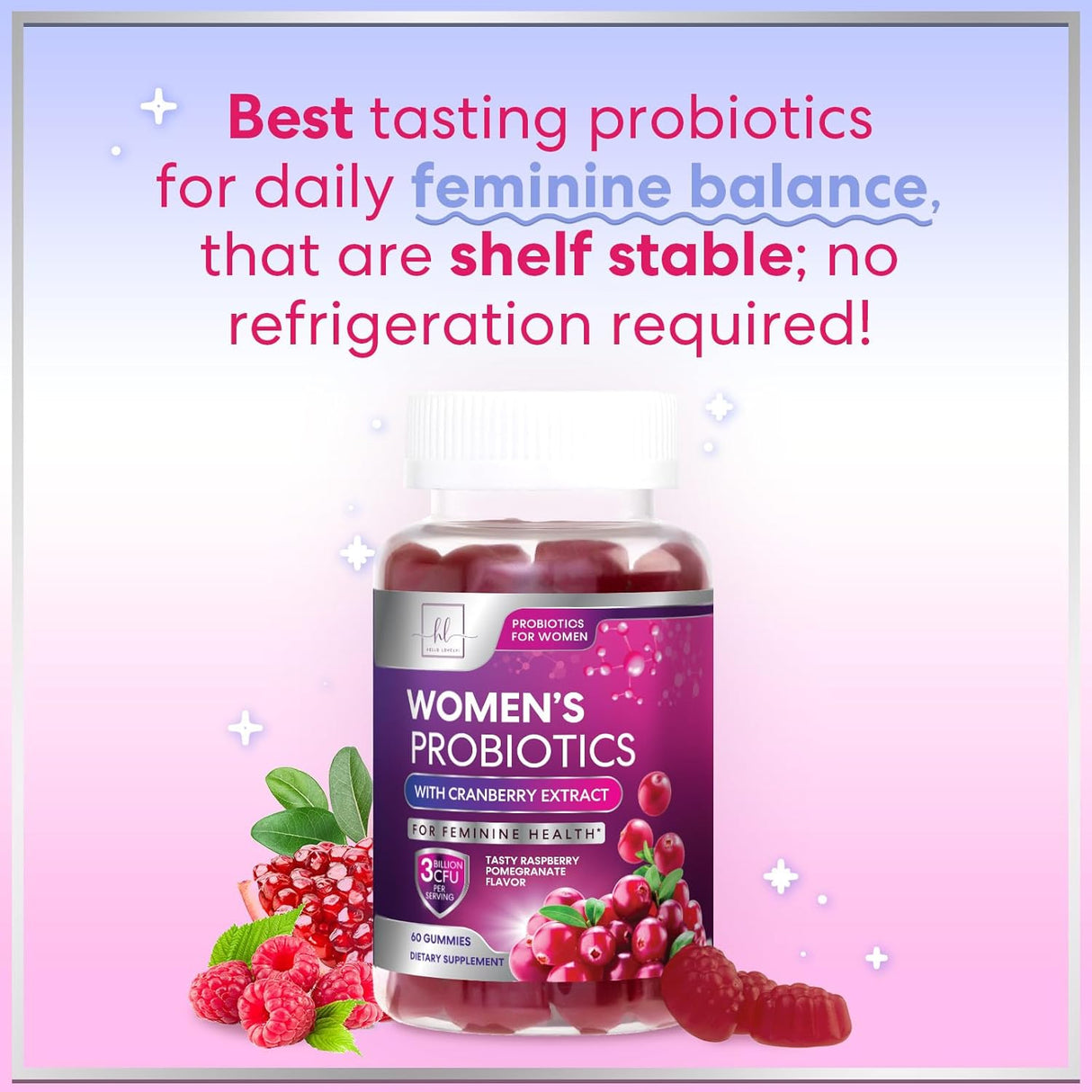 Womens Probiotic CFU Guaranteed with Cranberry, Vegan Strains, Probiotics for Women Supports Digestive, Immune, & Vaginal Health, Lovely Shelf Stable Gummy Supplement, No Soy Gluten - 60 Count