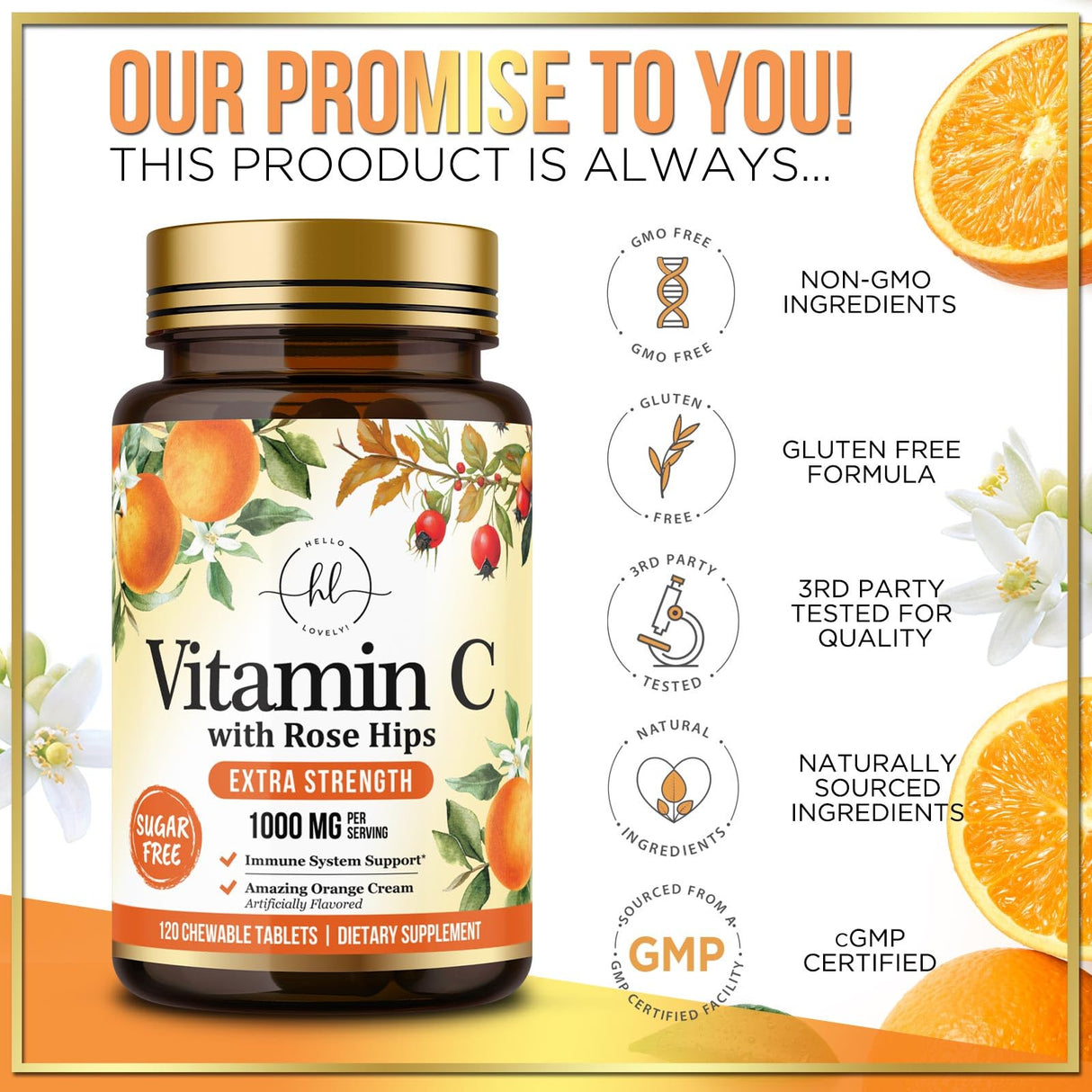 Vitamin C Supplement 1000mg - Extra Strength with Rose Hips Bioflavonoids - Sugar Free Vitamin C Chewable Pills, Nature's Vit C for Immune Support & Antioxidant Protection - 120 Chewable Tablets