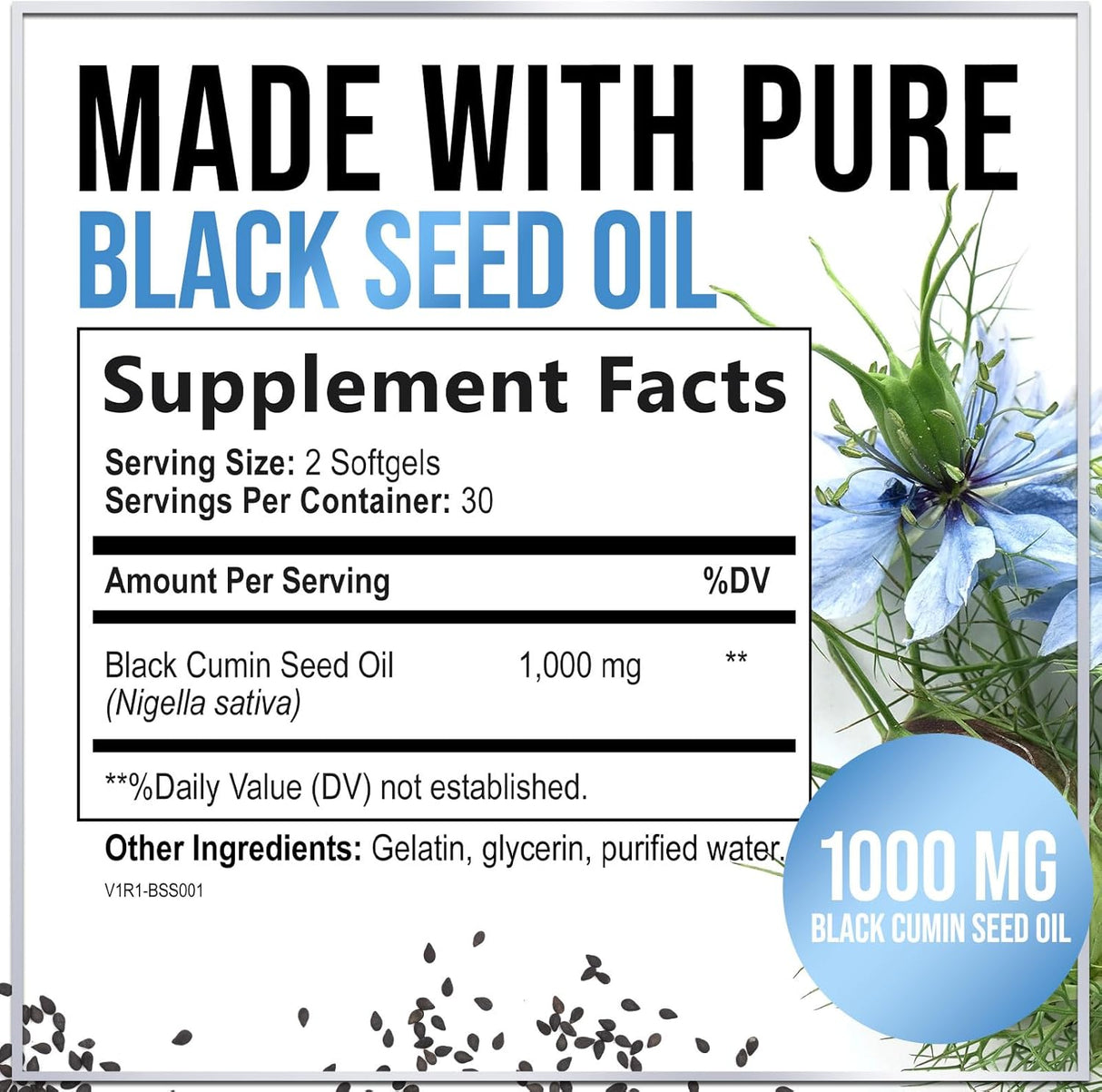 Premium Black Seed Oil Capsules - Extra Strength 1000mg - 100% Blackseed Oil for Immune Support & Skin Health (Non-GMO & Vegan) Pure Cold-Pressed Nigella Sativa Black Cumin Seed Oil - 60 Count