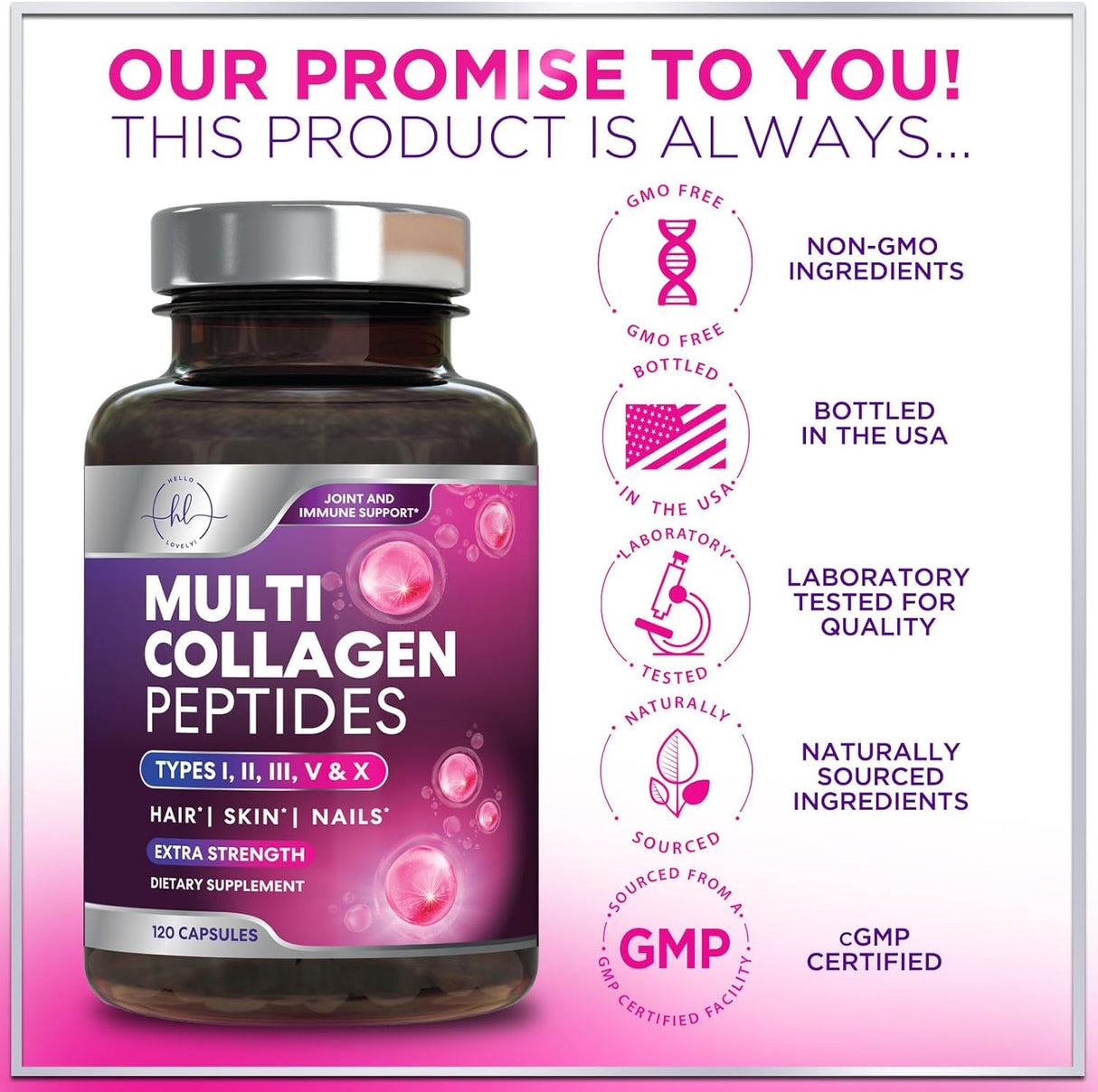Multi Collagen Peptides - Extra Strength Collagen Supplement, Supports Healthy Skin, Hair, Nails & Joints, Hydrolyzed Collagen Complex Type I, II, III, V & X - Grass Fed, Non GMO - 120 Count