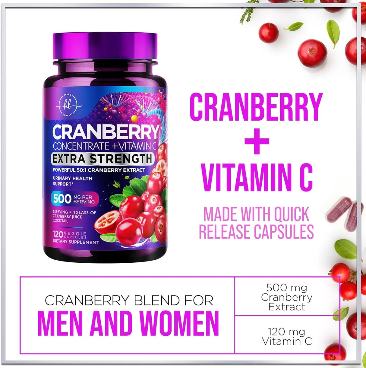 Cranberry Extract Pills + Vitamin C (25,000mg Formula) Urinary Tract Support, Sugar Free Cranberry Supplement for Women & Men, Cranberry for Urinary Health Support, NON-GMO, Gluten Free - 120 Count