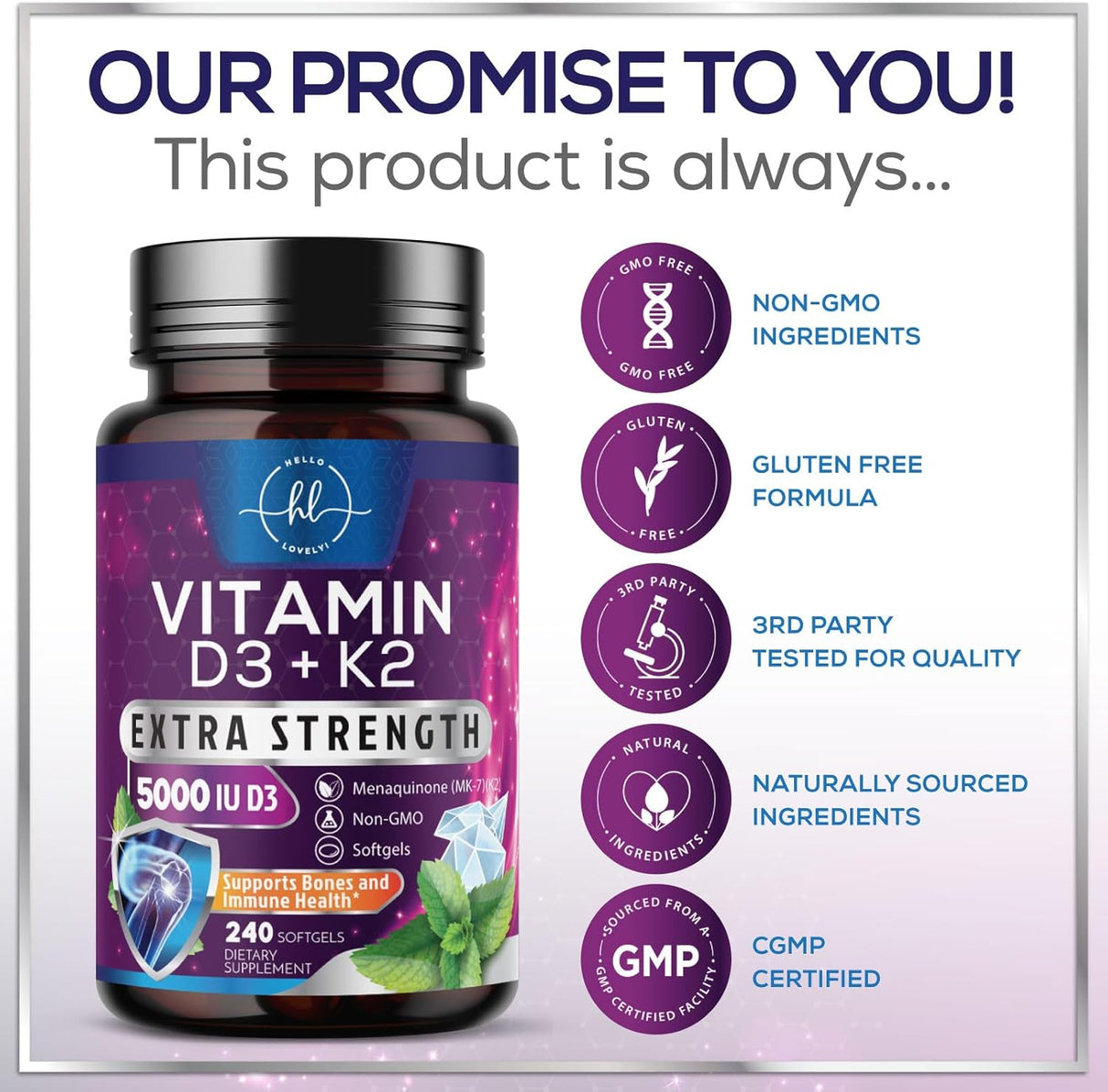 Vitamin D3 5000 IU with K2 100 mcg - D3 K2 Supplement, 2 in 1 Vitamins D & K2 Complex Softgels for Calcium Absorption, Bone, Teeth, Heart & Immune Support, Easy to Swallow, Non GMO - 240 Count