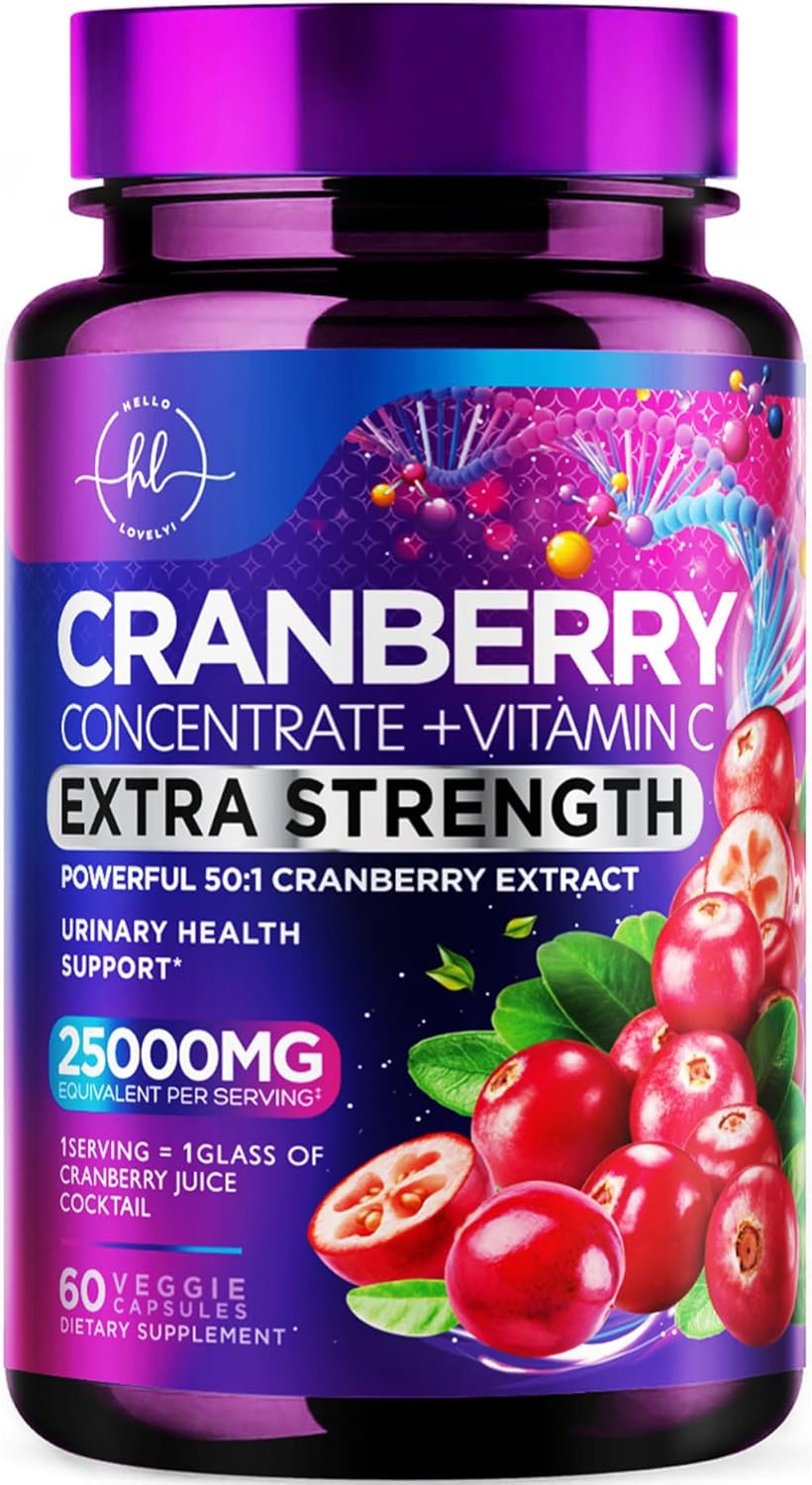Cranberry Extract Pills + Vitamin C (25,000mg Formula) Urinary Tract Support, Sugar Free Cranberry Supplement for Women & Men, Cranberry for Urinary Health Support, NON-GMO, Gluten Free - 60 Count