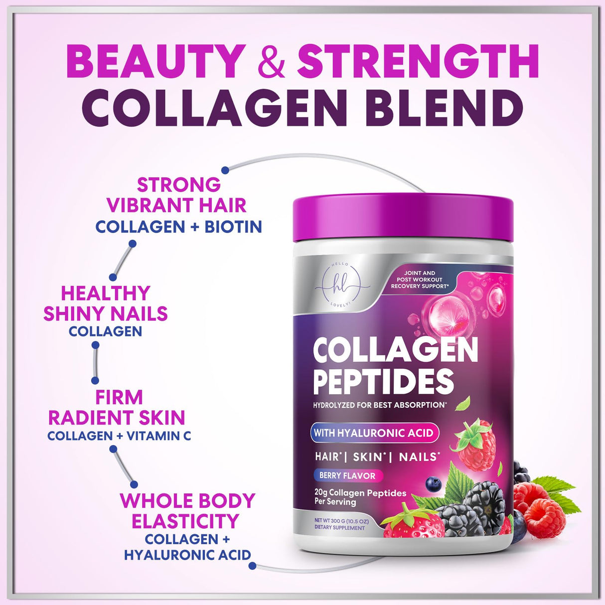 Collagen Peptides Powder 20g - Hydrolyzed Type 1 & 3 Berry Flavor Collagen Powder - Biotin, Hyaluronic Acid, Vitamin C - Hair, Skin, & Nails Support Supplement for Women & Men - Bottled in USA, 10.5oz